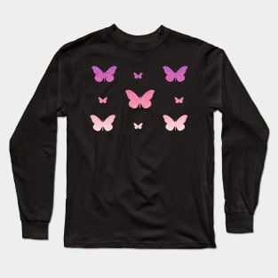 Pink Ombre Faux Glitter Butterflies Long Sleeve T-Shirt